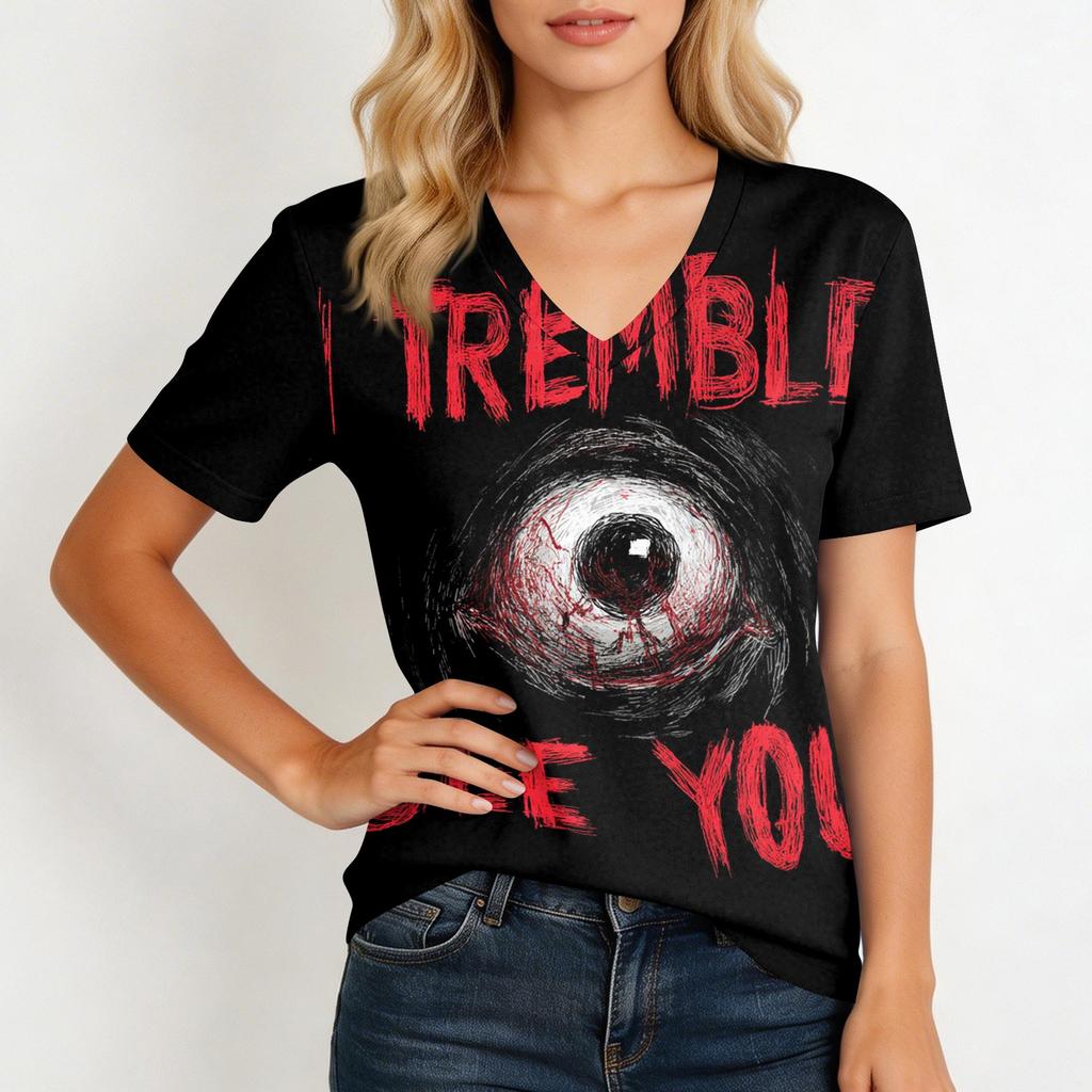 Women's Casual V Neck Pullover Short Sleeve Top Halloween Graphic Print Loose Fit Lightweight T Shirt for Everyday Wear