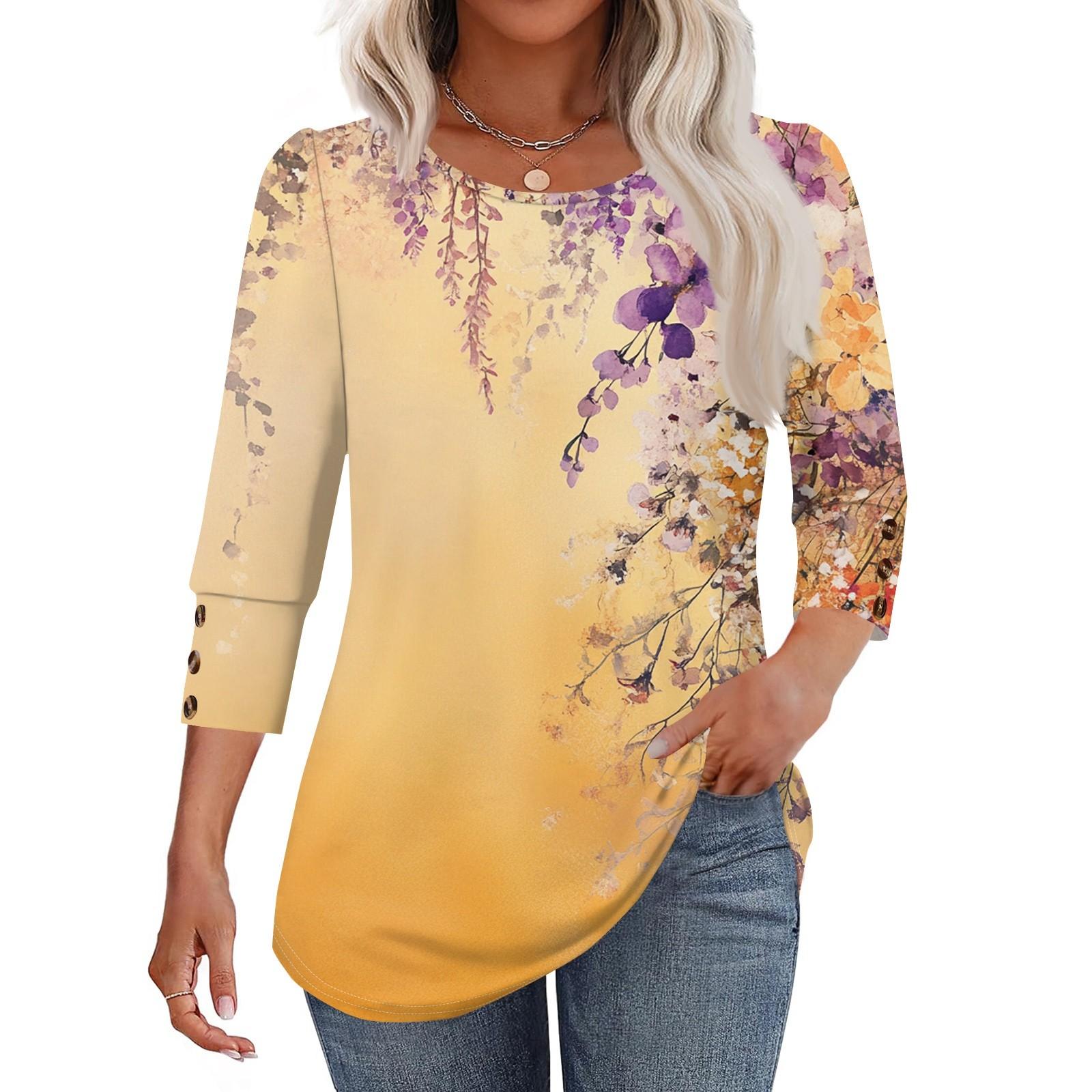 

Женская модная повседневная футболка с круглым вырезом и рукавами семь восьмых с цветочным принтом XL жёлтый