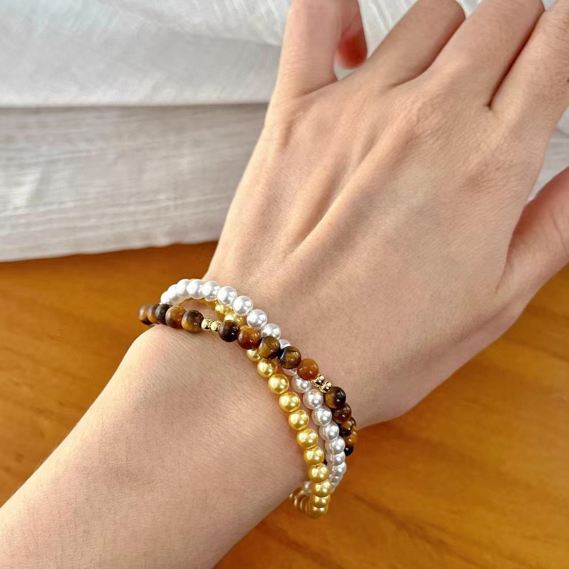 High Quality Maillard Style Natural Tiger S Eye Stone Artificial High-Gloss Pearl Multi-Layer Bracelet Bracelet.