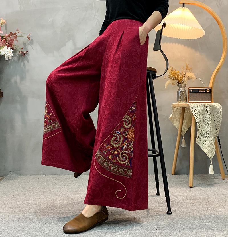 New Chinese Jacquard Ethnic Cotton-Linen Women's Skirt-Pants: Loose, Retro, Wide-Leg Trousers