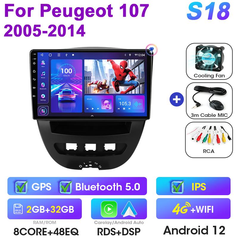 2 Din Android 12 Car Radio For Peugeot 107 Toyota Aygo Citroen C1 2005 - 2014 Multimedia Video Player GPS 4G Carplay Auto Stereo