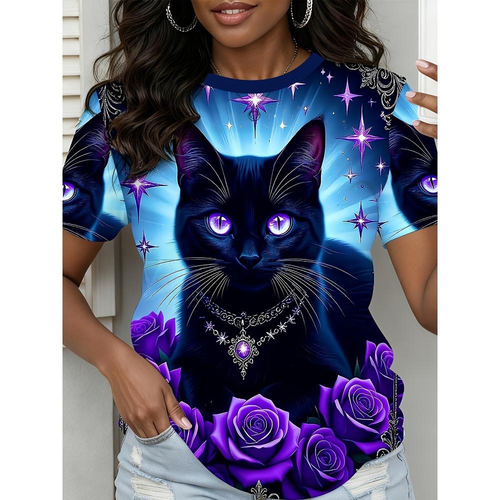 Summer Fashionable Casual Round Neck Short Sleeved T-shirt Comfortable Breathable Cat Animal 3d Printed Loose Women's Commuter Versatile T-shirt