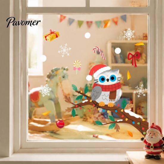 Winter Snowflakes Candy Decor Cute Christmas Owl Window Sticker, Snowy Branch Glass Decal, Waterproof Self Adhesive Seasonal Wall Art Xmas for Holiday