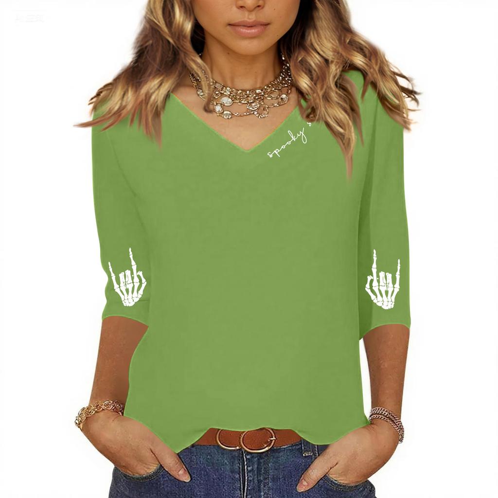 Women's Three-quarter Sleeve Shirt V-neck Loose Casual Spooky Scason Halloween Print Top