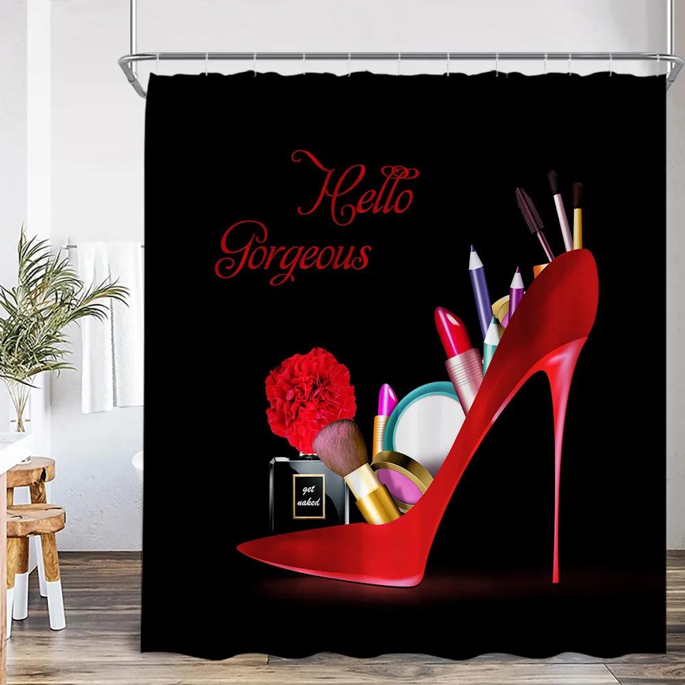 Rote High Heels Duschvorhänge Kosmetik Rote Lippen Rosa Badezimmerdekorationen Modernes Mode-Mädchen Schönheit Badevorhang mit Haken