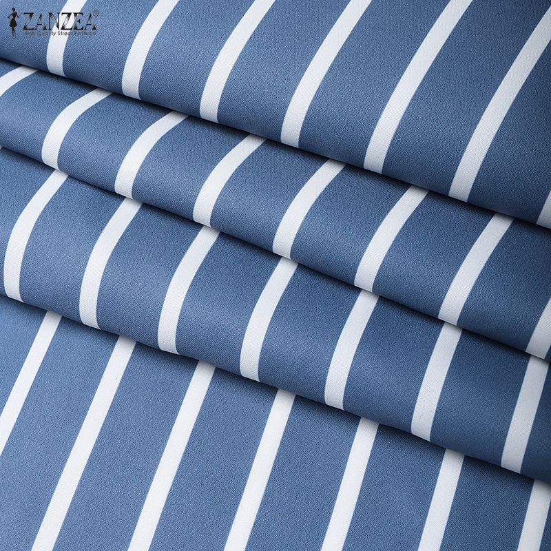 ZANZEA Women Casual Round Neck Long Sleeve Loose Stripe Long Dress