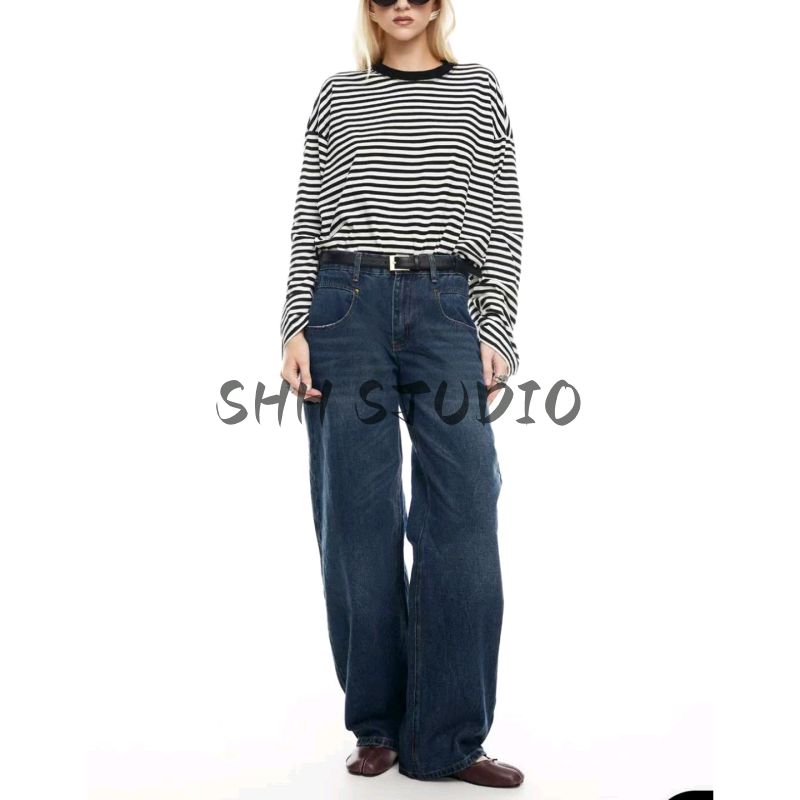 Summer New Product Women's Clothes French Lazy Style Round Neck Long Sleeves Contrast Color Stripes Casual Loose T-shirt Tops