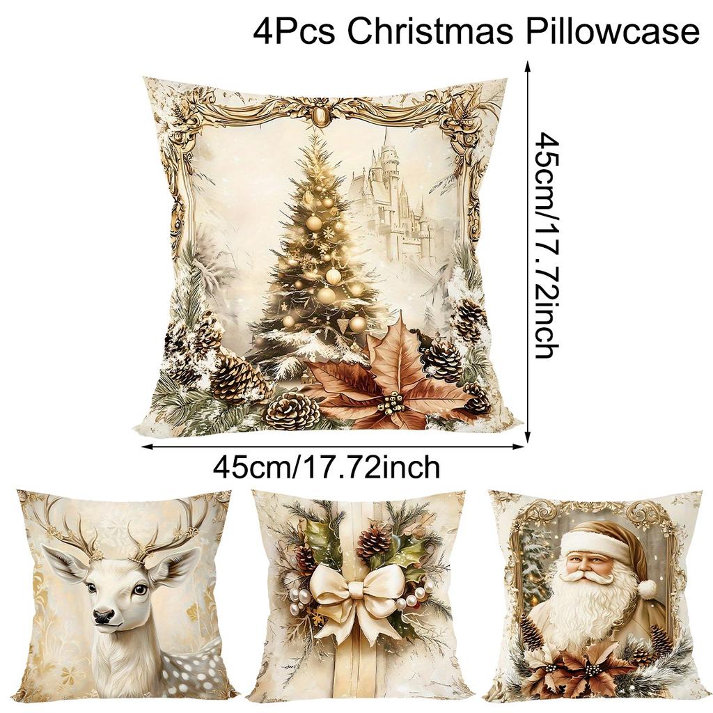 4Pcs Gold Christmas Throw Pillow Covers Santa Reindeer Pattern Decorative Cushion Cases for Bedroom Living Room Holiday Decor