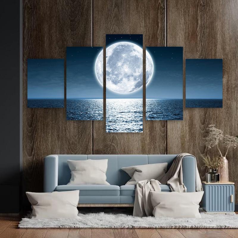 5 Panels Moon Sea Posters Canvas Painting Landscape Pictures Night Views Wall Art For Living Room Modern Home Decor No Frame