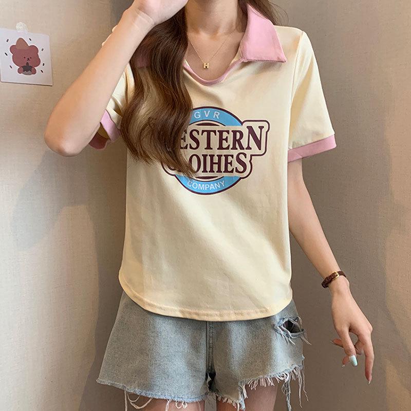 

Women s Plus Size Summer Polo Collar T-Shirt - Loose Fit, Short Sleeve, Letter Print, Slimming Effect, New 2025 Trend. XL [Recommended 105-120 jin]