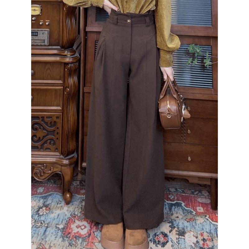 

Women s Retro Brown High-Waist Wide-Leg Pants - Slimming, Versatile, Draping, Straight-Leg Style for Spring and Autumn L