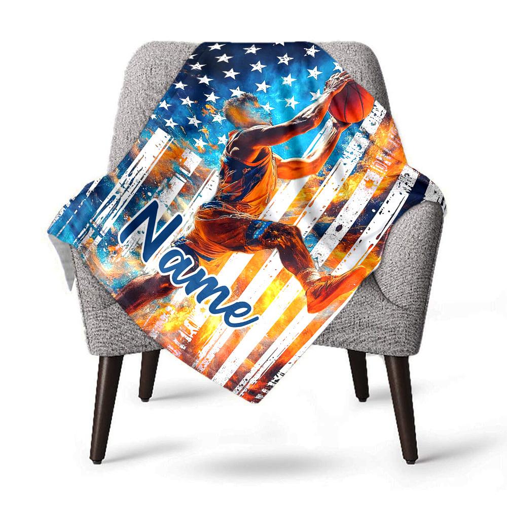 Basketball Player With Usa Flag Customized Name Blanket Comfortable Soft Lightweight Allseason Multipurpose Blanket For Picnics Sofas Offices Beds
