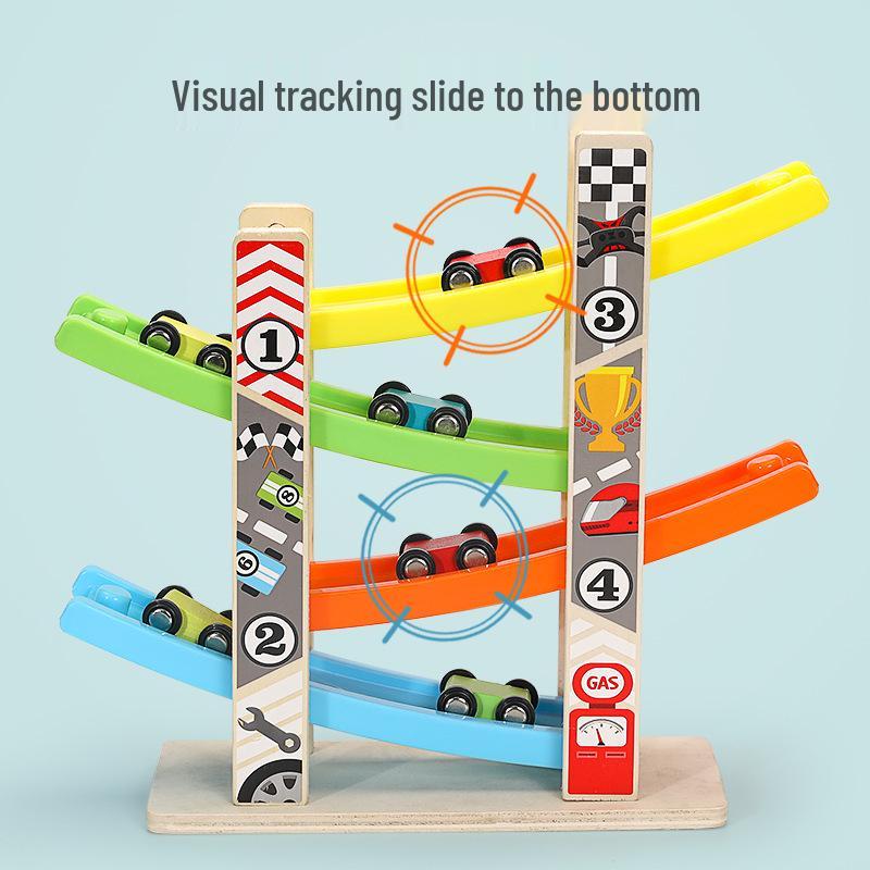 Children's Wooden Multi-Layer Racing Track Toy with Inertial Glider Cars