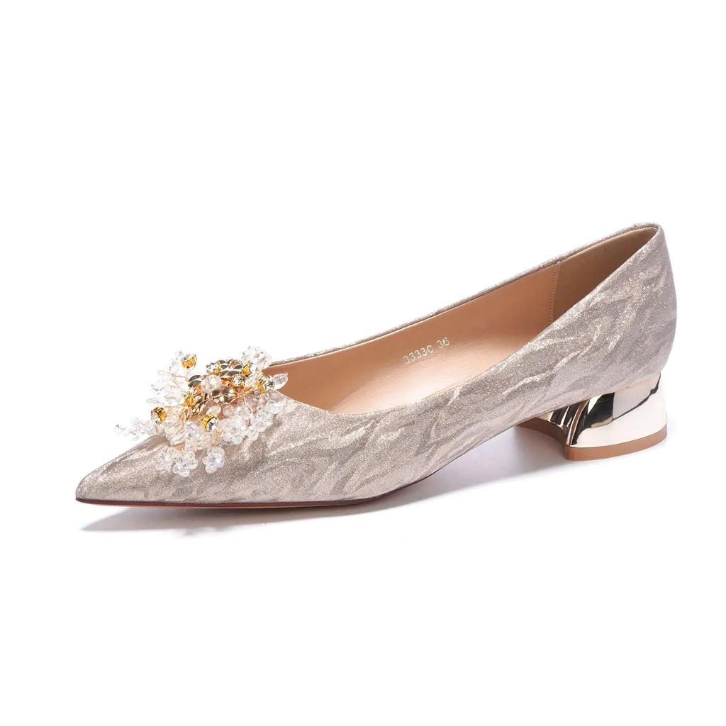 Autumn Fashion Ladies Banquet Wedding Shoes Shallow Sequins Rhinestone Flowers Comfortable Low Heel Single Shoes for Women