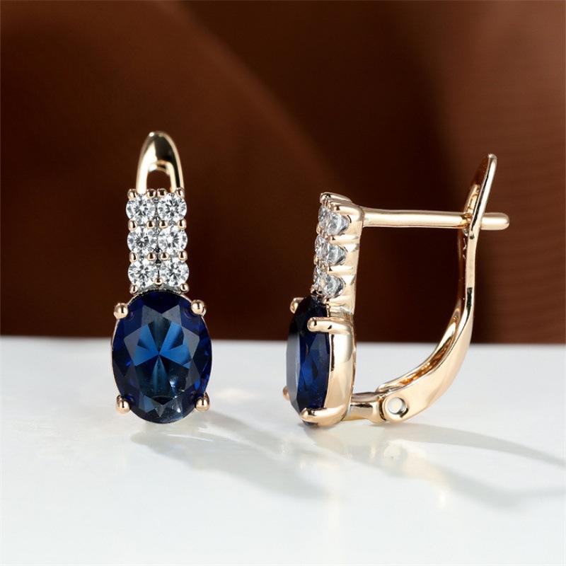 Oval amethyst zircon plated champagne gold ear buckle wedding earrings for women