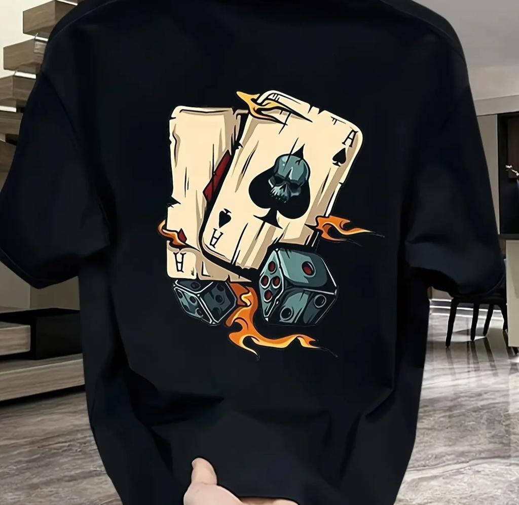 Fashionable Casual Loose Creative Poker and Dice Printed Sports Round Neck Short Sleeved Tshirt