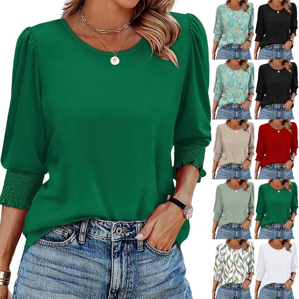 Damen Modischer Einfarbiger Floraler Rundhals Fünfviertelärmel Lässiger Lockerer Pullover