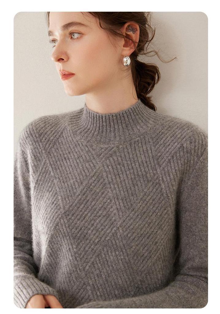 Women's Red Diamond Pattern Cashmere Sweater: Half-High Collar, Thickened, Plus Size, Loose, Warm, Autumn/Winter, Short Style.