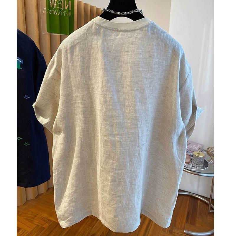 T-shirt for Women Summer Linen T-shirt Soft Loose Cartoon Embroidery Casual Comfortable Pullover T-shirt Top