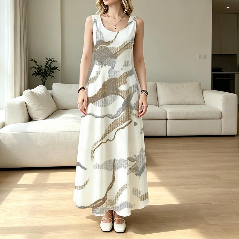 Flowy Sundress,Womens Summer Maxi Dress,Neutral Tone Marble Swirl Print,Sleeveless Outdoor Holiday Clothing