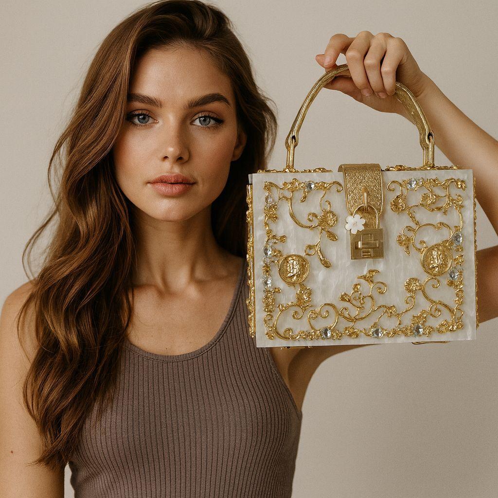 Acrylic dinner bag hollow metal engraved diamond-encrusted handbag shoulder messenger women s bag белый