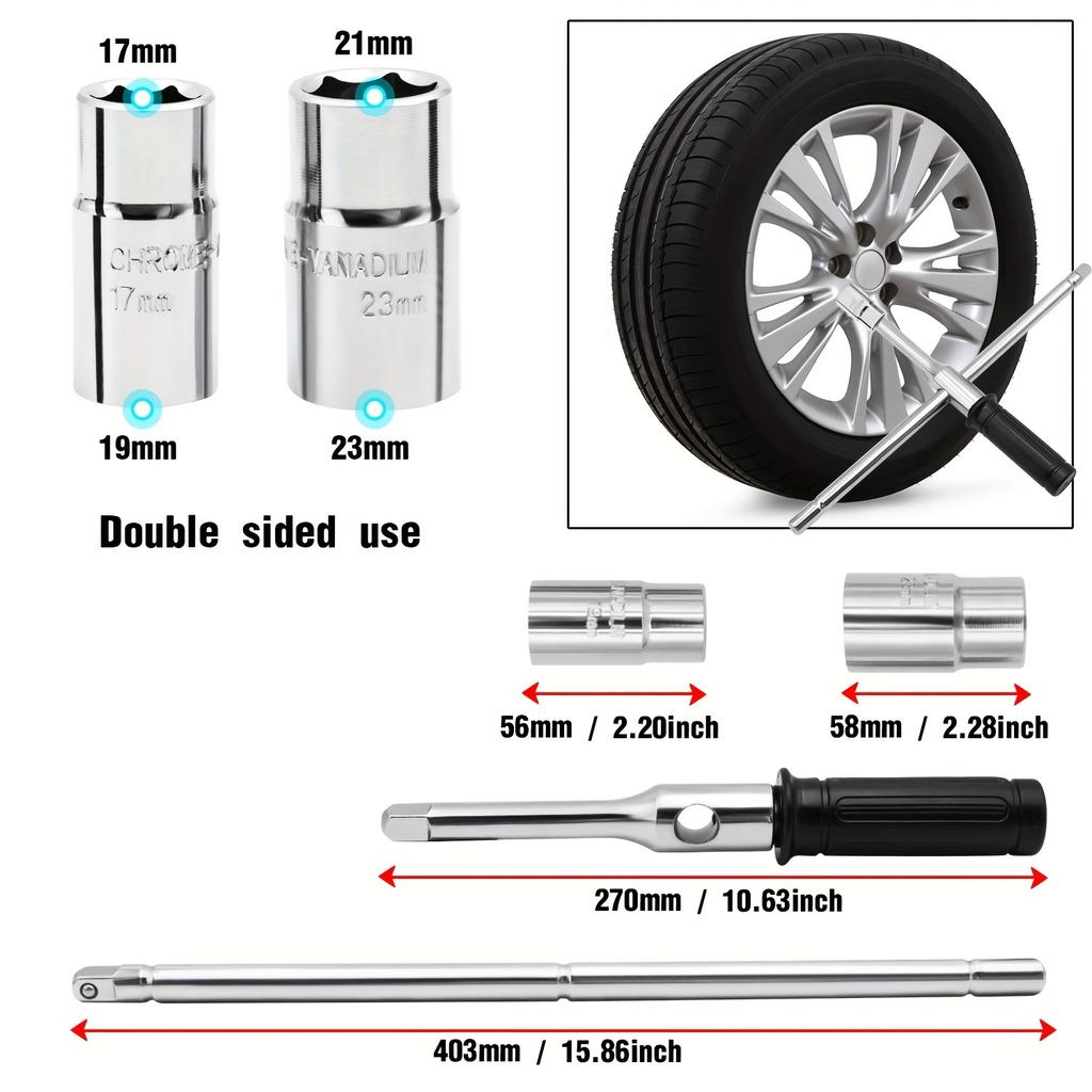 16''Extended Lug Wrench with Blow Storage Case 4 Way Wheel Nut Wrench with Standard Sockets(17mm 19mm 21mm&23mm)Tire Iron Wrench