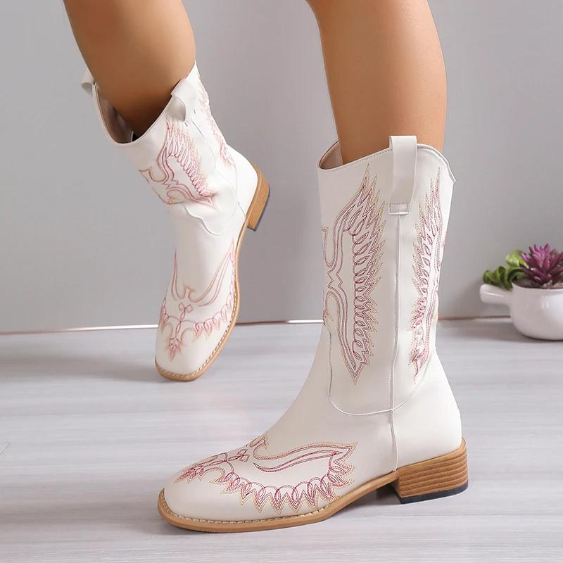 2024 Vente Chaude Chaussures pour Femmes Manchon Bottes d'Hiver pour Femmes Bout Carré Couleurs Mélangées Mi-Tige Racine Carrée Grande Taille Bottes de Mode