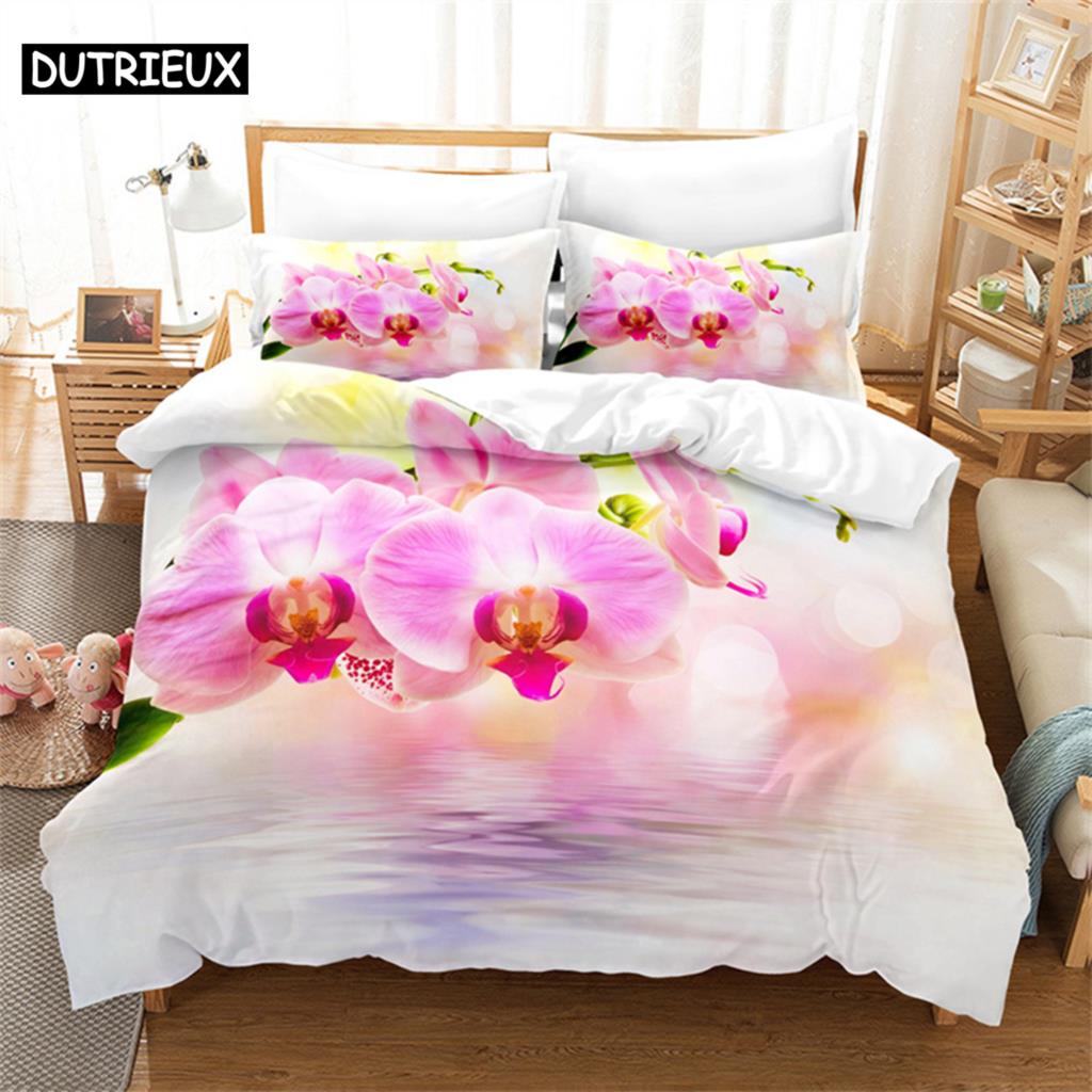 Pink Phalaenopsis Queen Bedding Set Girls Duvet Cover Bedroom Bed Set Comforter Cover Set King Size Duvet Cover Set Bedding Sets