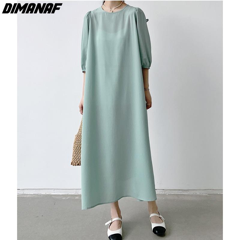 

DIMANAF Большие размеры 2024, женское летнее длинное платье макси, базовые свободные однотонные шифоновые платья с половиной рукавом One Size чёрный
