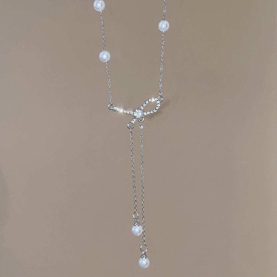 Бриллиантовый бант Жемчужное ожерелье-подвеска Французская элегантность Цепочка на ключицу Цепочка для шеи Женщины