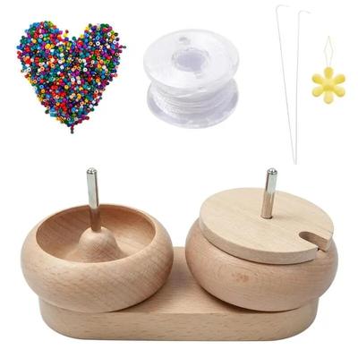 Perlenspinner aus Holz zur Schmuckherstellung, manuelles Perlenspinner-Set mit Doppelschale und Kristalldraht, bunte Perlen, Nähzubehör