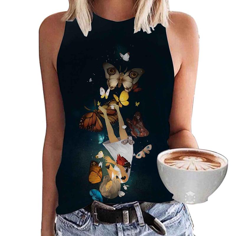

Женская футболка без рукавов с 3D-принтом бабочки, топ Y2K, оверсайз жилет с круглым вырезом, с открытыми плечами, майка без рукавов для девочек, лето 4XL