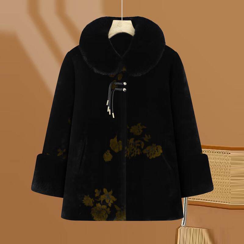 Elderly Women's Plush Lined Winter Coat with Fur Collar