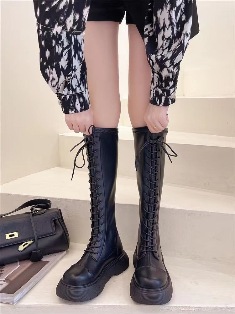 Boots Women's Knight Boots 2025 Autumn and Winter New White Platform Boots Thick Legs Lace-Up Tall Martin Boots