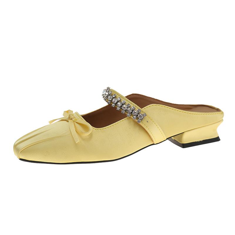 Premium Sense Rhinestone Thick Heel Baotou Half Slippers Temperament Elegant Satin Square Head Cool Slippers