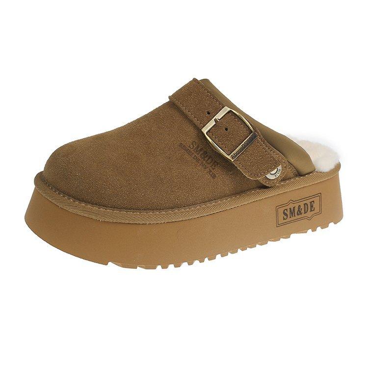 

Boken shoes platform-soled velvet bag head half slippers women s outer wear 2025 new winter Boken fluffy snow cotton slippers 35