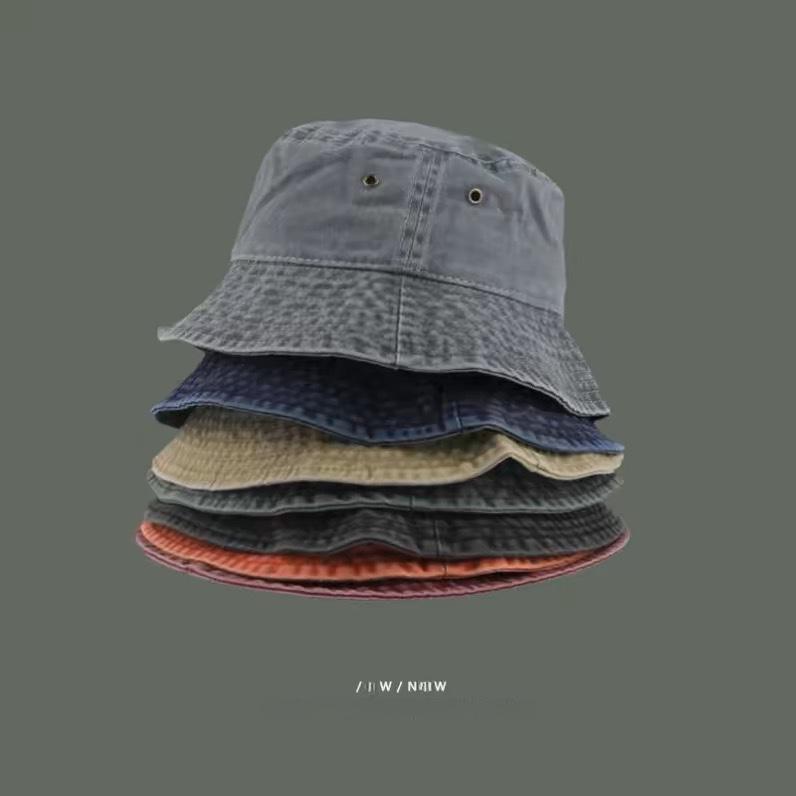 Hong Kong Retro Washed Denim Bucket Hat - Fashionable, Distressed, Versatile, Breathable Sun Hat for a Slim Face Look.