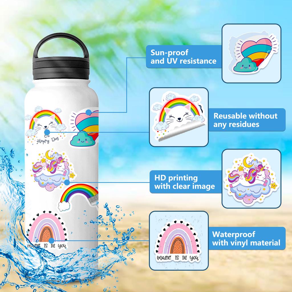 50 Rainbow Stickers Bohemian Rainbow Stickers Children'S Birthday Party Cartoon Graffiti Waterproof Stickers