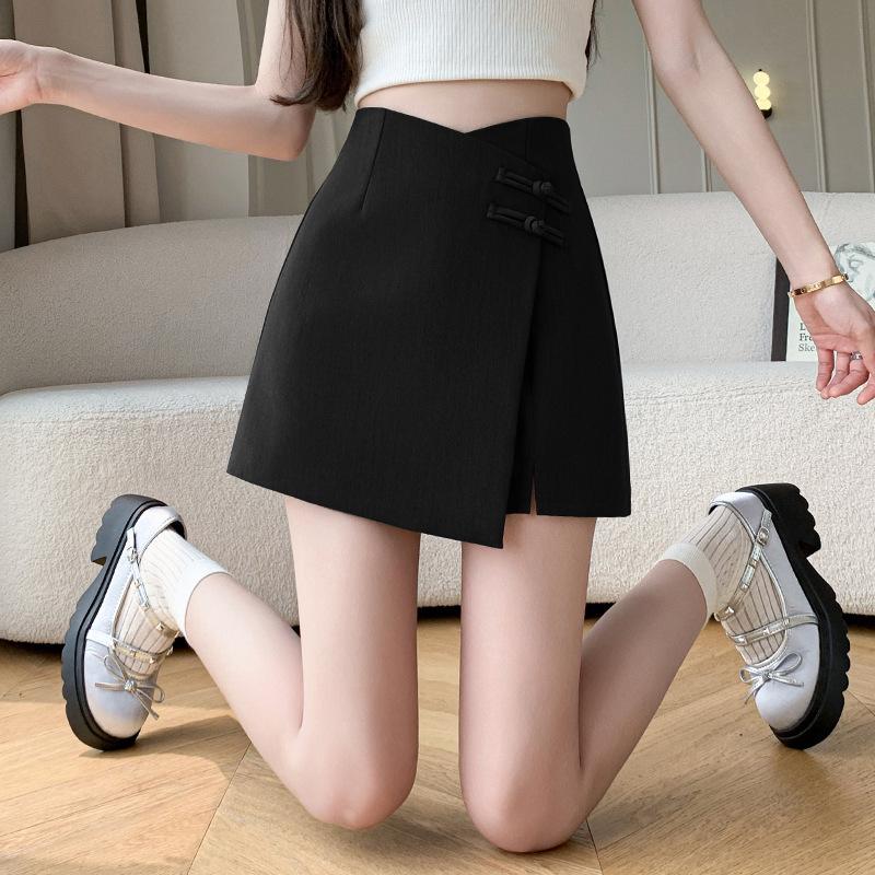 

Ретро китайская юбка миди с пуговицами-лягушками и высокой талией - Женская летняя асимметричная юбка А-силуэта с разрезом Medium