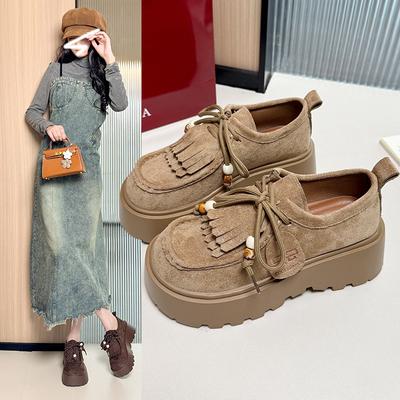 2025 chaussures pour femmes rétro à bout rond et à lacets, style britannique, plateforme, polyvalentes, petits mocassins à franges, chaussures simples pour femmes, tendance