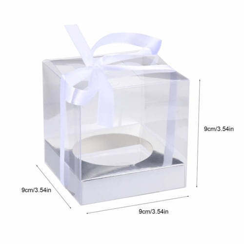 Cabilock 24-Piece Mini Cake Box, Clear Plastic Cookie Muffin Dome Box with Moon Cake Ribbon, 9cm Silver, for Wedding, Birthday, or Party Favor