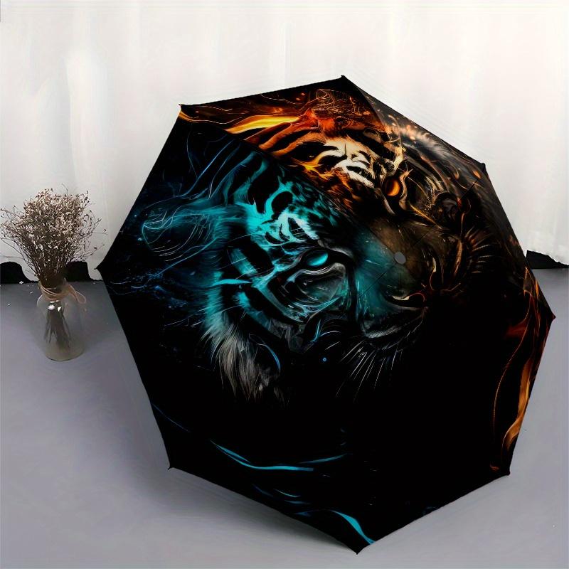 "Flame & Ice Tiger: Unique Circular  Decor"Umbrella, Portable 3-Fold Compact Umbrella for Men & Women ES13