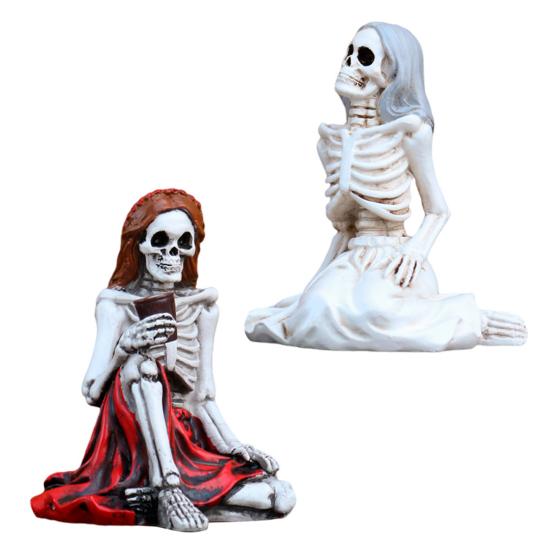 2 Pcs Skeleton Sisters Statue Resin Skeleton Girl Figurine Spooky Halloween Desktop Decoration for Haunted House Home Garden Decor