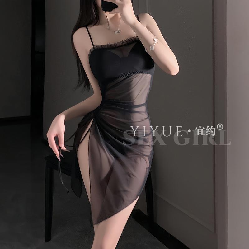 Erotic Underwear, sexy sheer chiffon chest cushion, gathering nightdress, lace-up waist, see-through pajamas, no-take uniform 1278