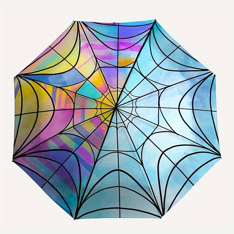 Spider Web, Stained Glass Automatic Folding Umbrella  8 Ribs, Durable Iron Frame, Bright Color Pattern Compact Travel Umbrella, Suitable for