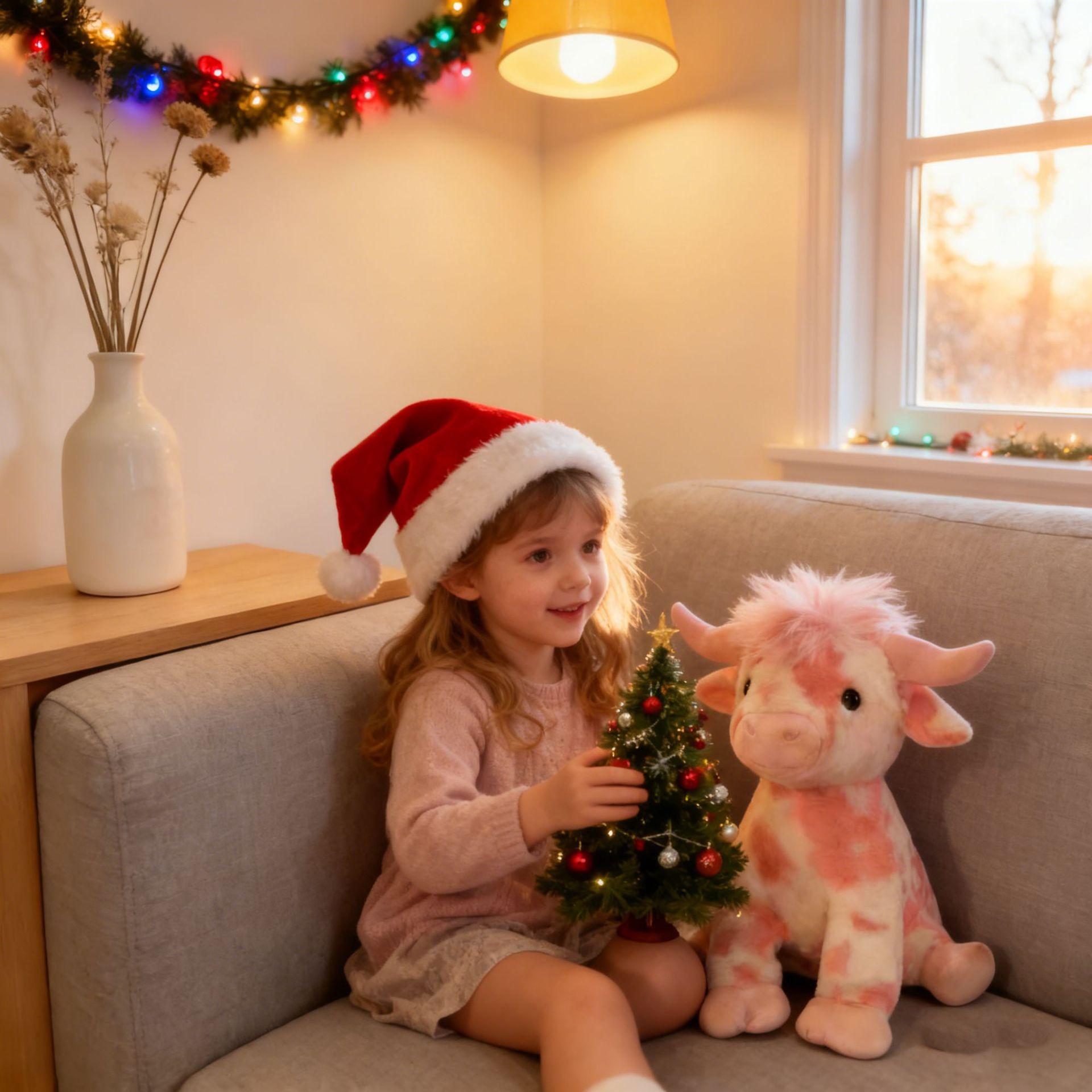 Topmix Unisex Pink Highland Cow Plush Toy – Cute Stuffed Animal With Bow & Flower, Soft Gift Doll For Desktop Decoration