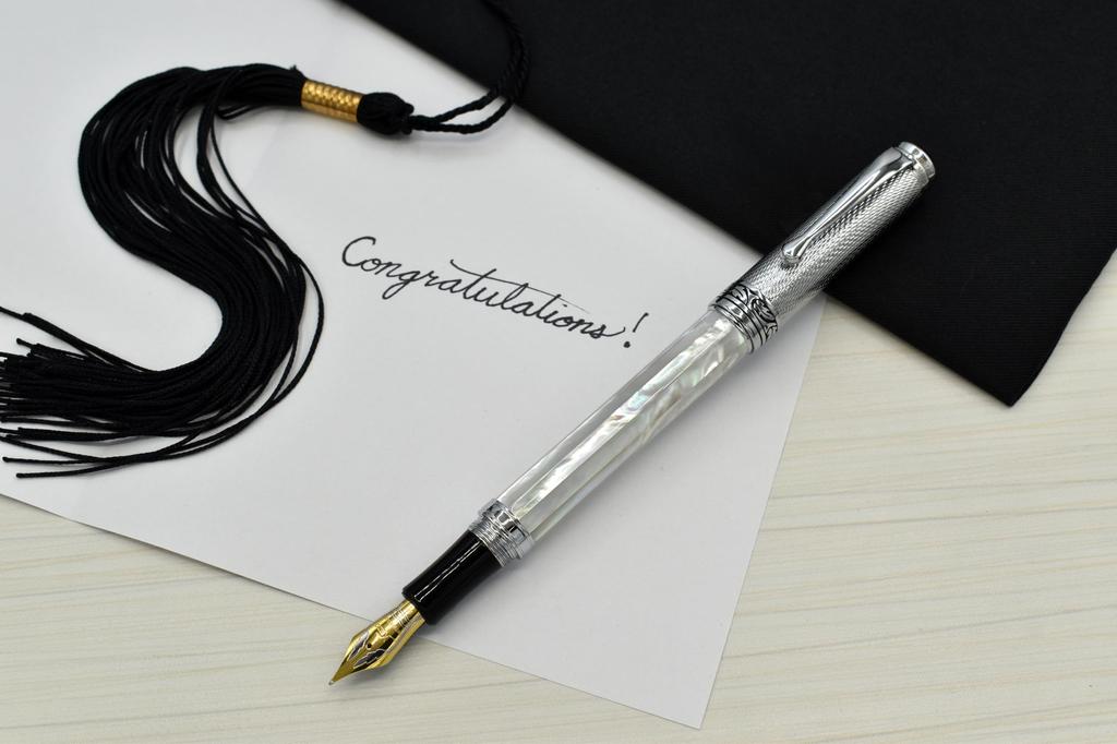 Xezo Maestro Fountain Nib Gift of Writing White Unique Pen, Medium-Fine (0.45mm), Series, Mother-of-Pearl, Guilloched, Handmade, Serialized,