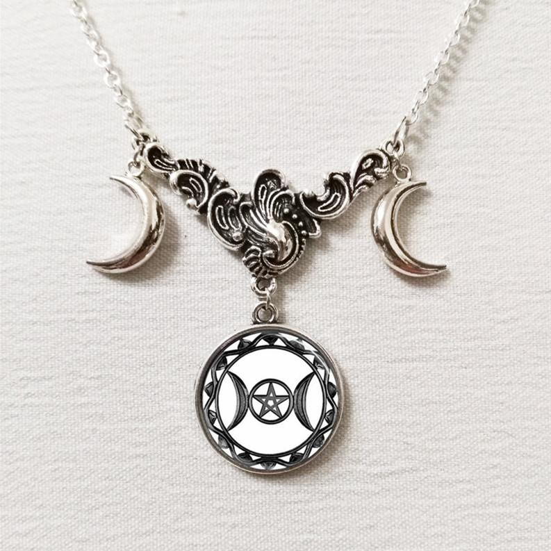 Retro Fashion Sliver Color Triple Moon Goddess Crescent Moon Crystal Glass Pendant Necklace for Women Amulet Charm Jewelry Gifts