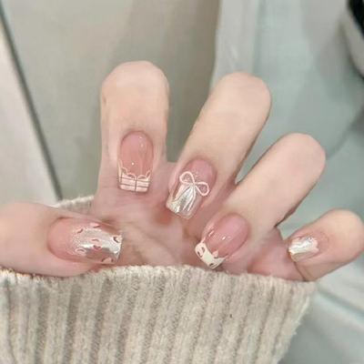 Valentinstag Nagel Schleifen Mandel Press-On Nägel Schleifenknoten Designs Französische Spitzen Glänzende Falsche Nägel Vollabdeckung Aufkleb-Nagel