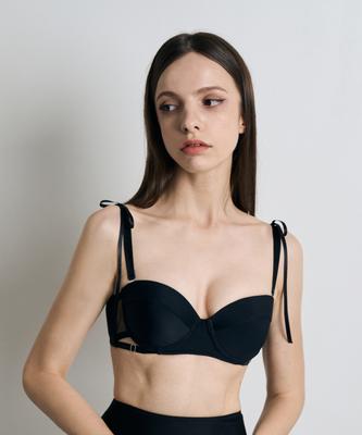 VINAJ Shoulder Long Ribbon Half-Cup Bikini Bra (Black)
